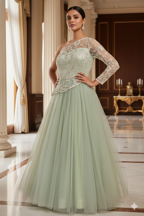 Designer Light Green Embroidered Net Party Wear Gown (D17)