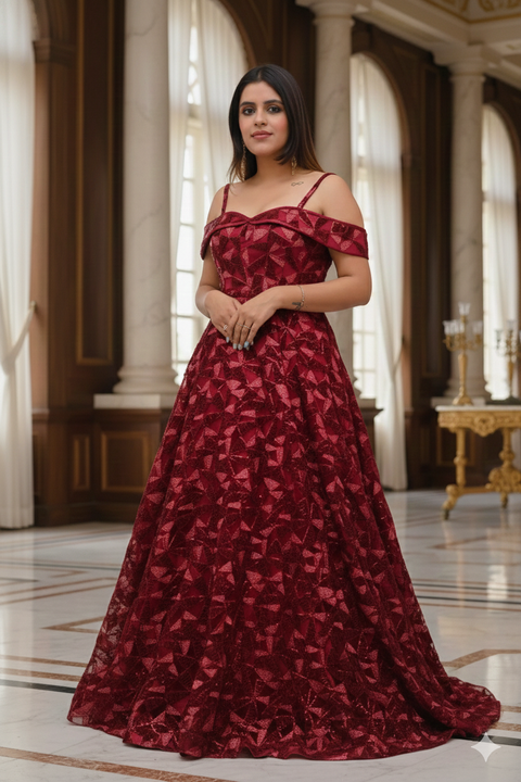 Designer Maroon Sequins Embroidered Net & Velvet Party Wear Gown (D21A)