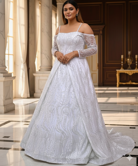 White Cutdana Embroidered Net Reception Gowns(D22A)