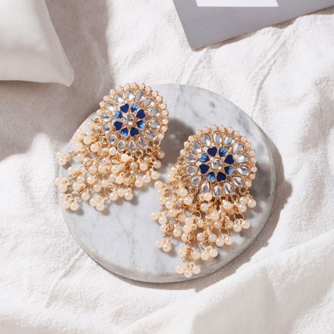 Vintage Golden Crystal Floral Dangle Earrings with Pearls (E904)