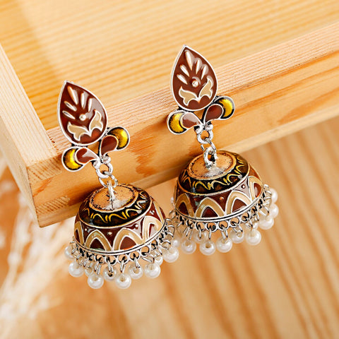 Pink Floral Geometric Jhumki with Pearls (E894)