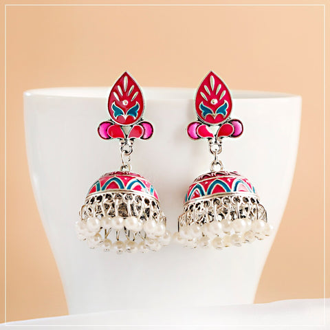 Pink Floral Geometric Jhumki with Pearls (E894)
