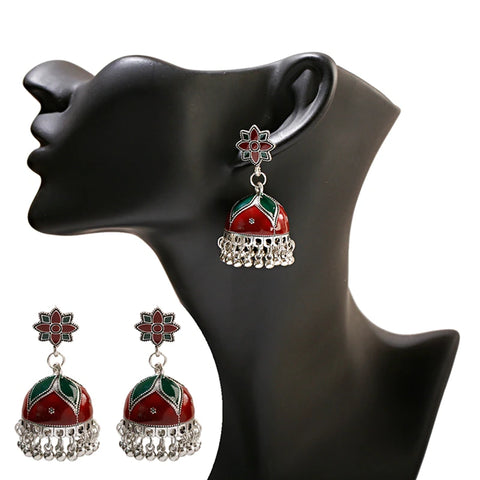 Bohemian Red & Green Floral Jhumki with Silver Tassels