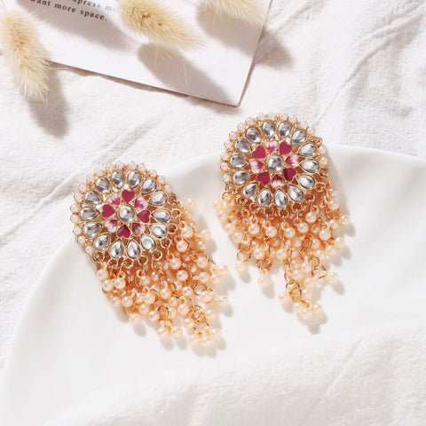 Vintage Golden Crystal Floral Dangle Earrings with Pearls (E904)