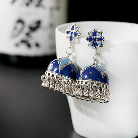 Bohemian Blue Floral Jhumki with Silver Tassels