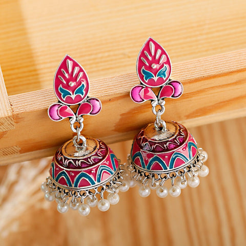 Pink Floral Geometric Jhumki with Pearls (E894)