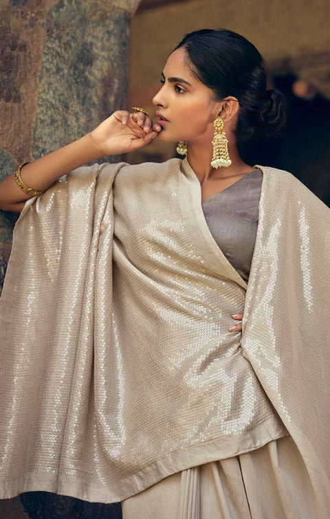 Exceptional Beige Georgette Sequins Work Designer Saree With Fancy Blouse - PAAIE