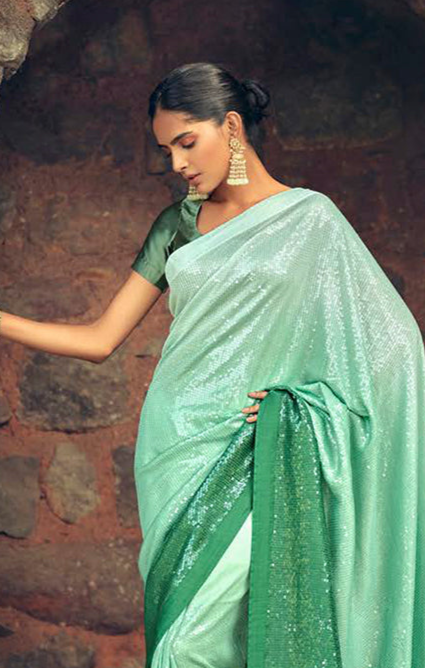 Sensational Green Georgette Sequins Work Designer Saree With Fancy Blouse