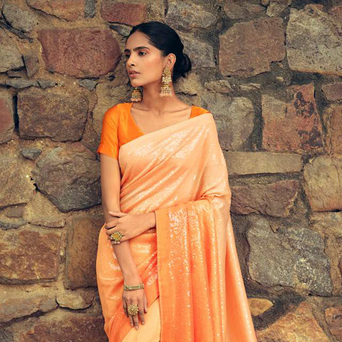 Radiant Orange Georgette Sequins Work Designer Saree With Fancy Blouse