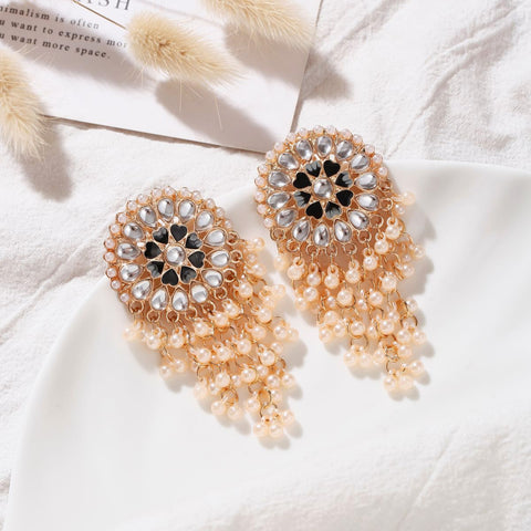 Vintage Golden Crystal Floral Dangle Earrings with Pearls (E904)