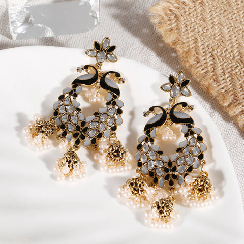 Vintage Gold Carved Bell Crystal Black Pearl Peacock Earrings