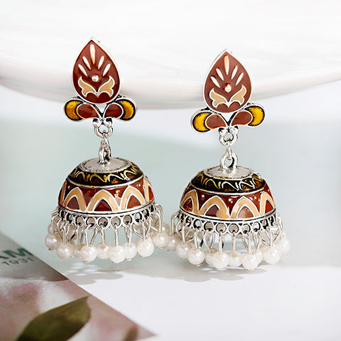 Pink Floral Geometric Jhumki with Pearls (E894)