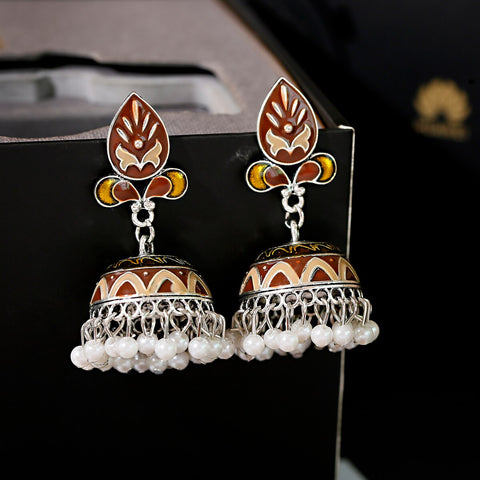 Pink Floral Geometric Jhumki with Pearls (E894)