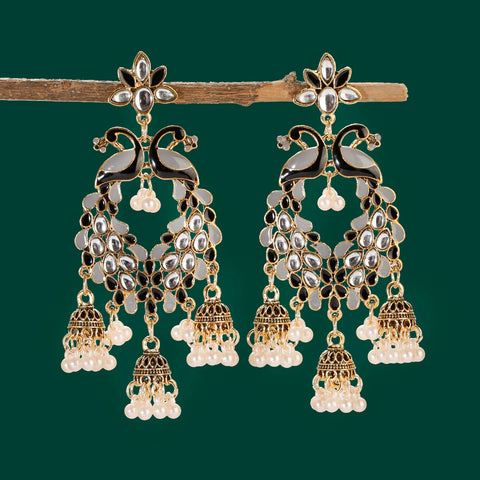Vintage Gold Carved Bell Crystal Black Pearl Peacock Earrings