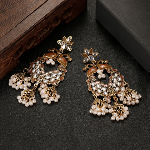 Vintage Gold Carved Bell Crystal Brown & White Pearl Peacock Earrings