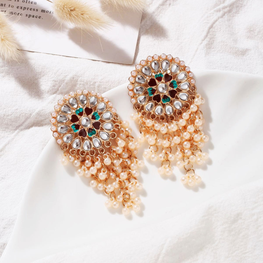 Vintage Golden Crystal Floral Dangle Earrings with Pearls (E904)