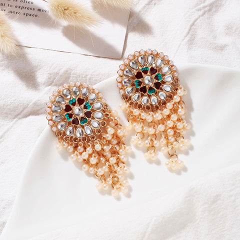 Vintage Golden Crystal Floral Dangle Earrings with Pearls (E904)