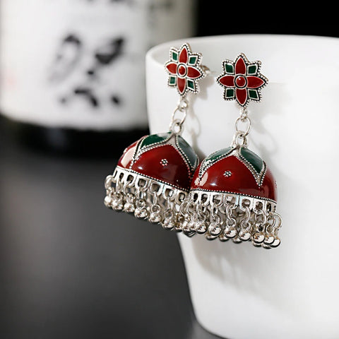 Bohemian Floral Jhumki with Silver Tassels (E905)