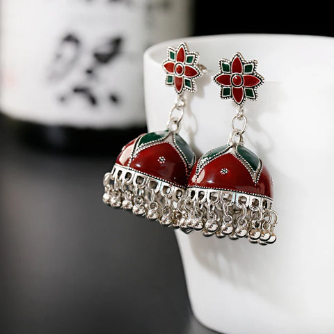 Bohemian Red & Green Floral Jhumki with Silver Tassels