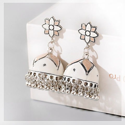 Bohemian White Floral Jhumki with Silver Tassels