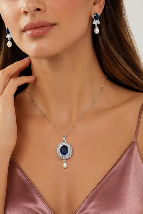 American Diamond Navy Blue Silver Colour Pendant Set For Women And Girls (D1317)