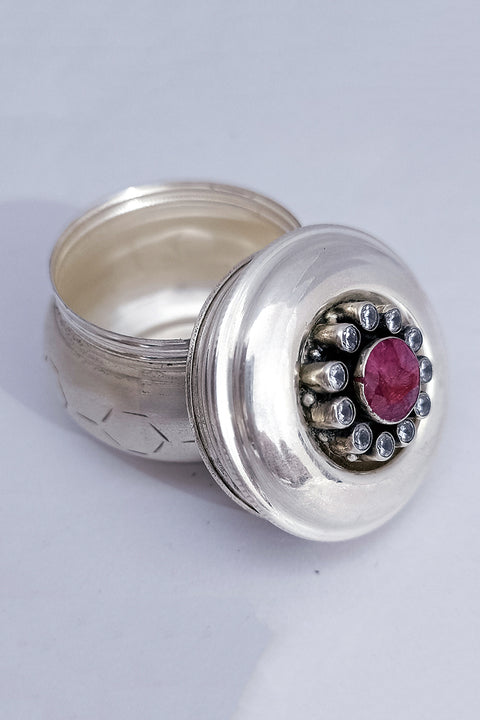 925 Silver Kumkum Box with Red Stone (Design 19)