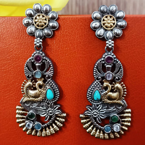 Traditional Style Oxidized Earrings with Multicolor Semi-Precious Stone