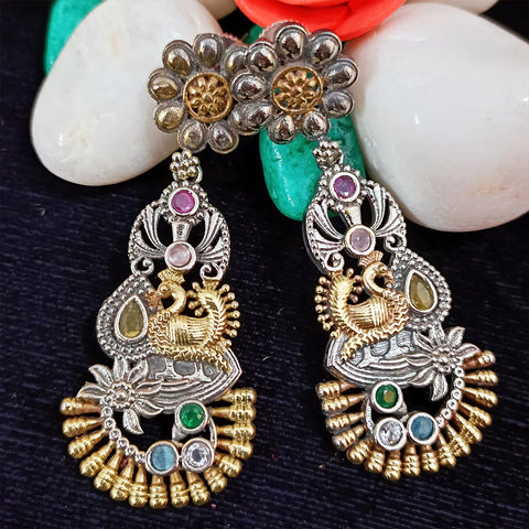 Traditional Style Oxidized Earrings with Multicolor Semi-Precious Stone