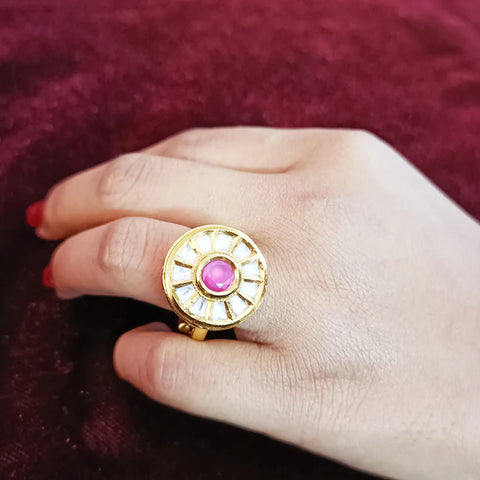 Designer Gold Plated Royal Kundan Beaded Ring (Design 178)