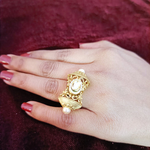 Designer Gold Plated Royal Kundan & Beaded Ring (Design 114)