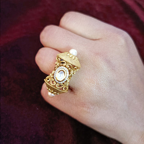 Designer Gold Plated Royal Kundan & Beaded Ring (Design 114)