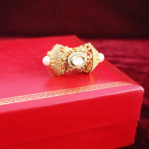 Designer Gold Plated Royal Kundan & Beaded Ring (Design 114)