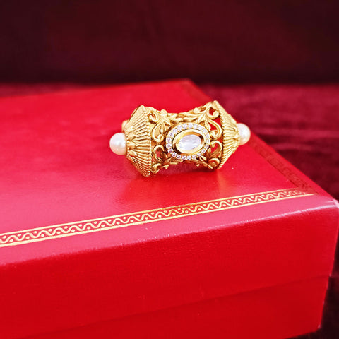 Designer Gold Plated Royal Kundan & Beaded Ring (Design 114)