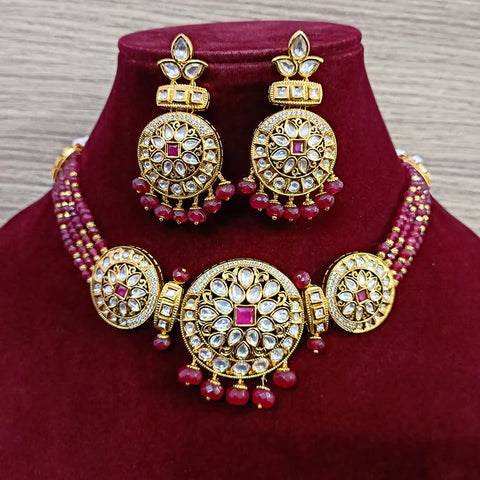 Designer Gold Plated Royal Kundan Beaded Choker Style Necklace with Earrings (D412)