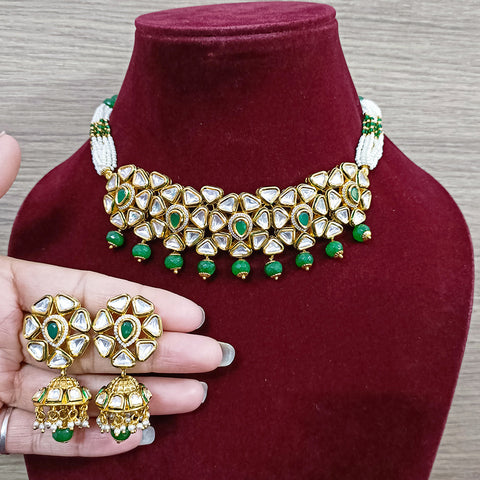 Designer Gold Plated Royal Kundan & Choker Style Necklace with Earrings (D371)