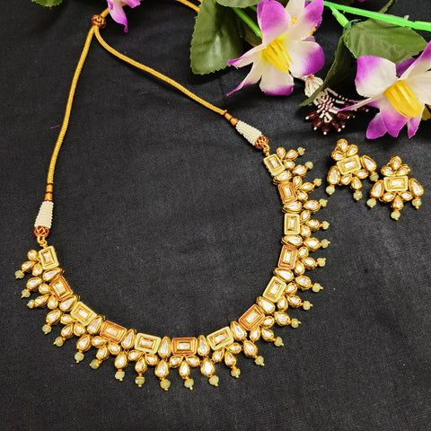 Designer Gold Plated Royal Kundan Beads Necklace with Earrings (D415)