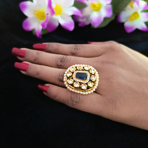 Designer Gold Plated Kundan Beaded Ring