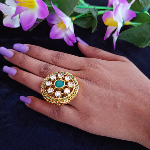 Designer Gold Plated Royal Kundan Beaded Ring (Design 119)