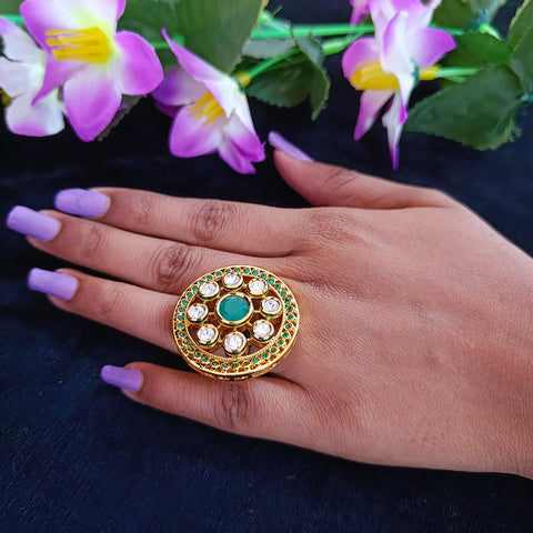 Designer Gold Plated Royal Kundan Beaded Ring (Design 119)