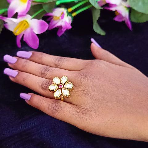 Designer Gold Plated Royal Kundan Beaded Ring (Design 170)