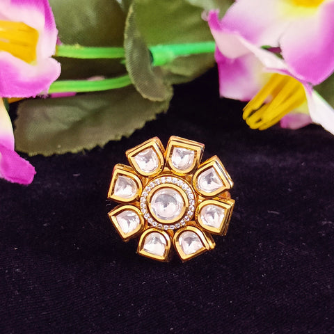 Designer Gold Plated Royal Kundan and Green Emerald Beaded Ring (D242)