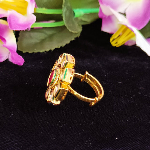 Designer Gold Plated Royal Kundan and Green Emerald Beaded Ring (D242)