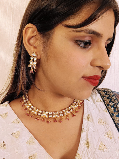 Designer Gold Plated Royal Kundan Necklace with Earrings (D398)
