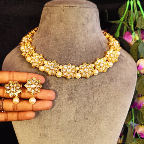 Designer Gold Plated Royal Kundan Necklace with Earrings (D379)