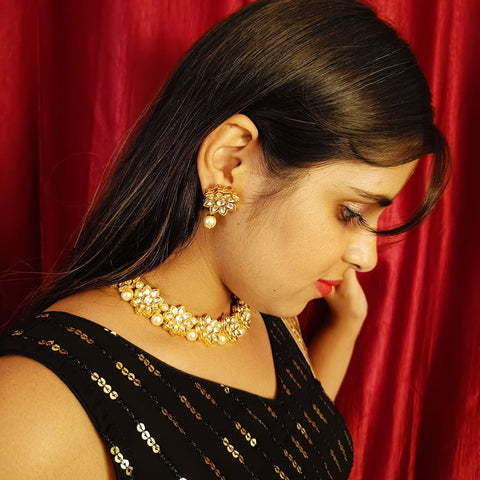 Designer Gold Plated Royal Kundan Necklace with Earrings (D379)
