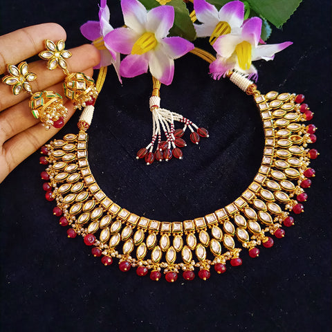 Designer Gold Plated Royal Kundan & Ruby Necklace with Earrings (D430)