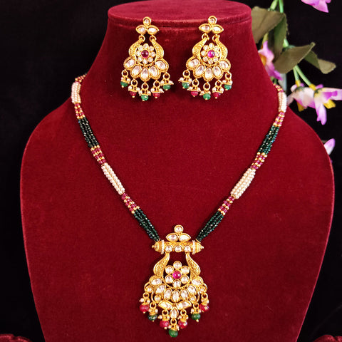 Designer Gold Plated Royal Kundan & Beaded Pendant Set (D423)