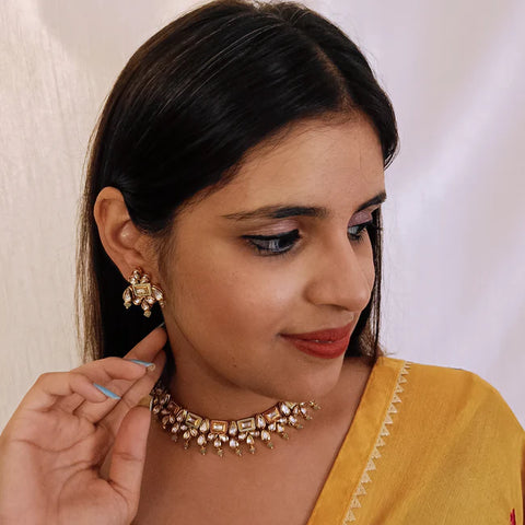 Designer Gold Plated Royal Kundan Beads Necklace with Earrings (D415)