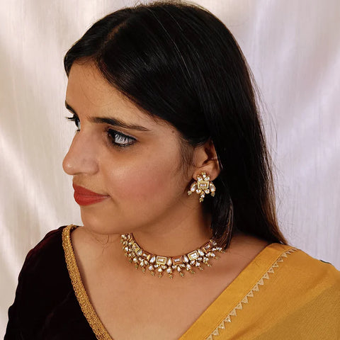 Designer Gold Plated Royal Kundan Beads Necklace with Earrings (D415)
