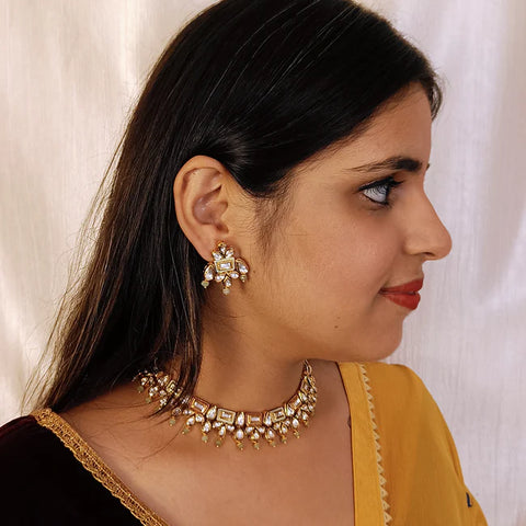 Designer Gold Plated Royal Kundan Beads Necklace with Earrings (D415)